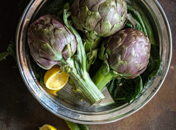 artichokes in a stainless steel bowl